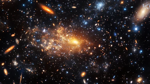 Galactic firestorm blooms in a jeweled tapestry of deep space.