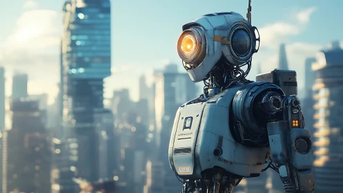 Humanoid service robot observing dense futuristic cityscape.