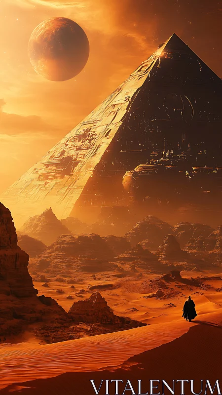 Wanderer in a glowing alien desert before a vast pyramid.