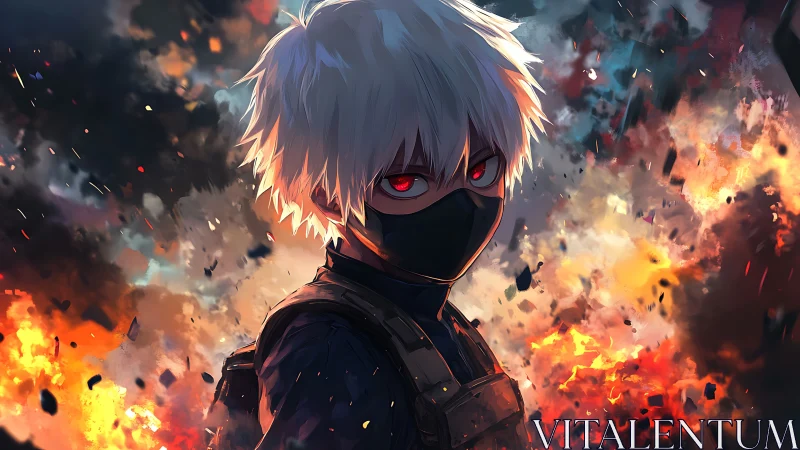 Masked white-haired anime antihero amid explosive chaos.