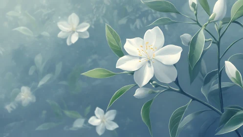 White flowers with green foliage against blue background.