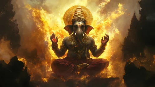 Radiant elephant deity in a glowing firelit meditation.