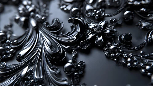 Ornate black metallic floral pattern in modern baroque style.