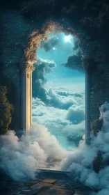 Stone archway opens onto luminous cloudscape under sky