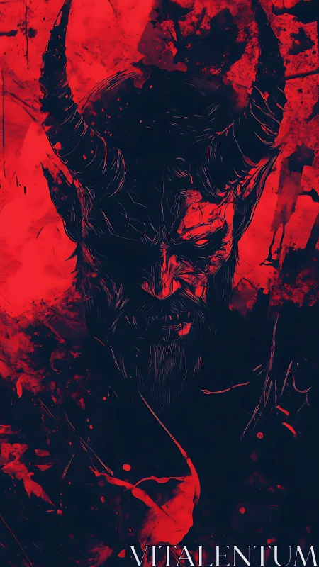 Horned demonic portrait rendered in high-contrast red ink