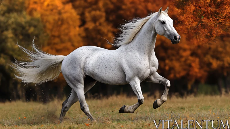 White horse in extended canter across autumn grassland