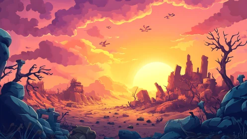 Sunset burns across a ruined wasteland of crumbling ruins