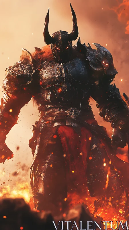 Armored demon warlord strides through molten battlefield inferno