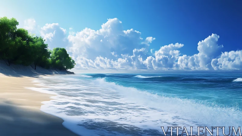 Coastal littoral interface with volumetric clouds and surf dynamics.