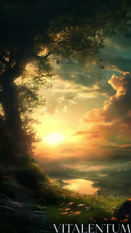 Golden hour river valley rendered as luminous digital vista