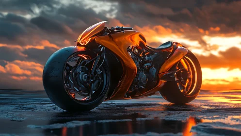 Aerodynamic concept superbike reflects sunset across wet asphalt