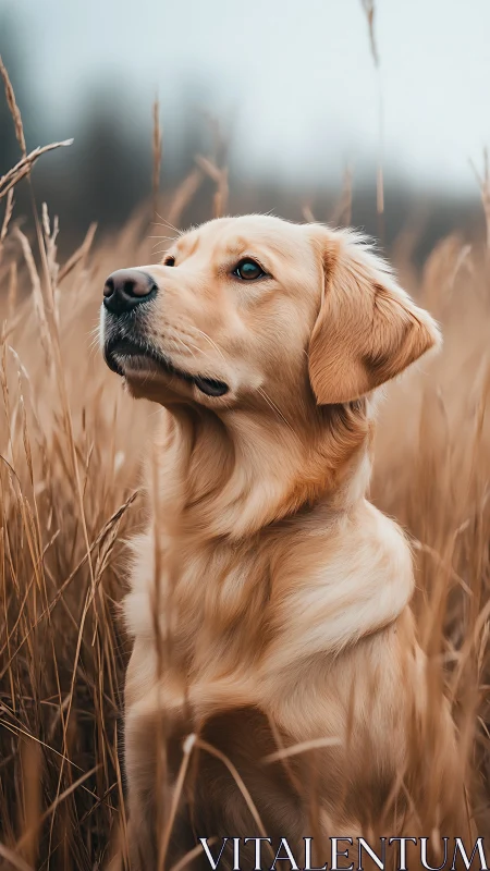 Golden retriever sitting in dry field under soft daylight.