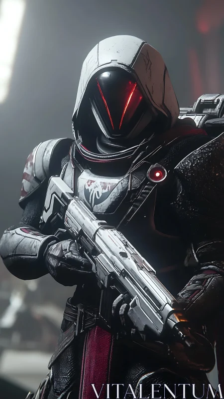 Armored tactical sentinel with emissive visor and rifle profile.