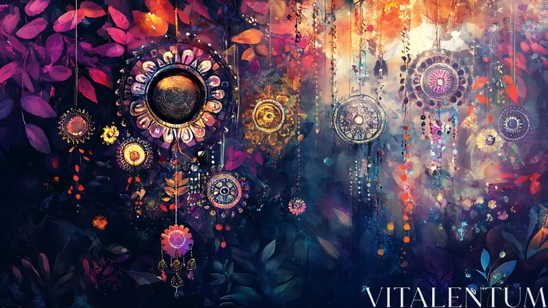 Wild midnight dreamcatcher garden drenched in prismatic light.