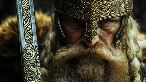 Warrior portrait renders ornate Viking helmet and sword in detail