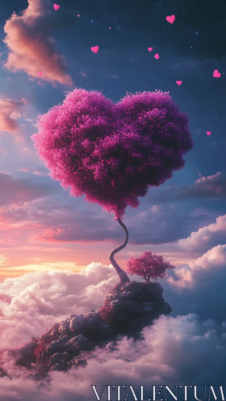 Heart-shaped magenta tree against twilight sky with floating pink hearts