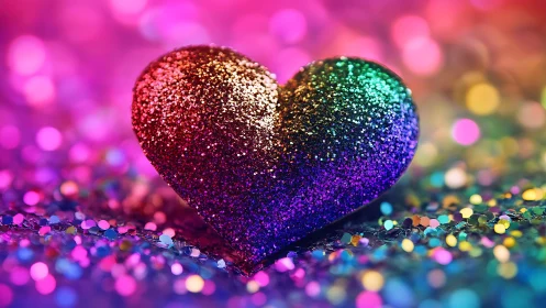 Glittering rainbow heart against neon bokeh lights backdrop.