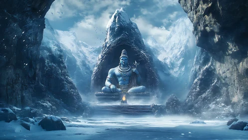 Large seated deity statue occupies central icy mountain valley
