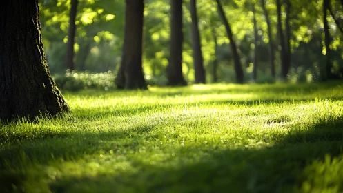 Sunlit Forest Floor with Soft Green Grass in Tranquil Morning Light.