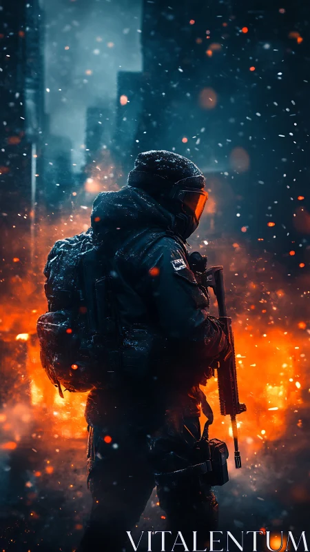 Heavily armed soldier stands in burning snowy city street.