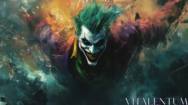 Maniacal clown lunging through chaotic neon storm clouds.