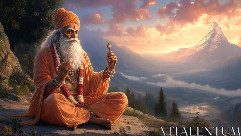 Himalayan ascetic in orange robes under luminous alpine sky.
