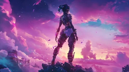 Stargazing warrior greeting a radiant neon dreamscape.