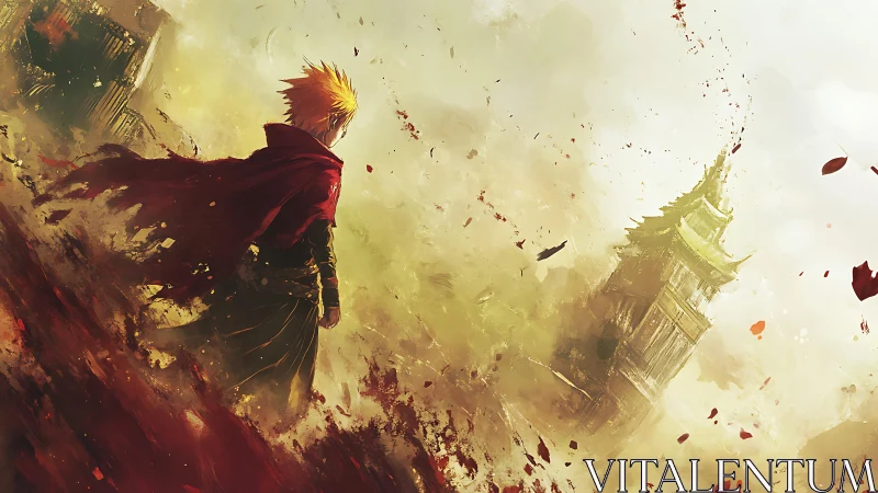 Figure in red cloak observing distant tilting tower scene.