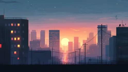 Sunset light cuts dense urban skyline with glowing windows