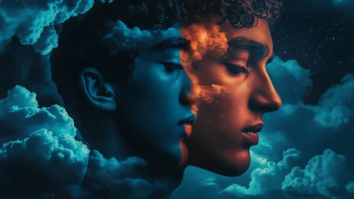 Dual-toned celestial portrait with surreal mirrored profile faces.
