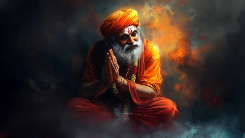 Fiery mystic elder in saffron calm amid swirling cosmos.