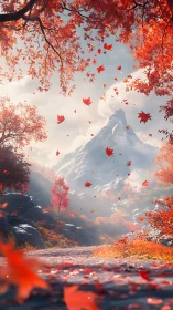 Crimson autumn valley frames towering snow peak vista.