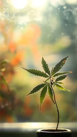Potted cannabis seedling against blurred sunlit window.