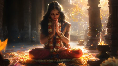 Temple-lit meditative deity portrait with volumetric firelight.