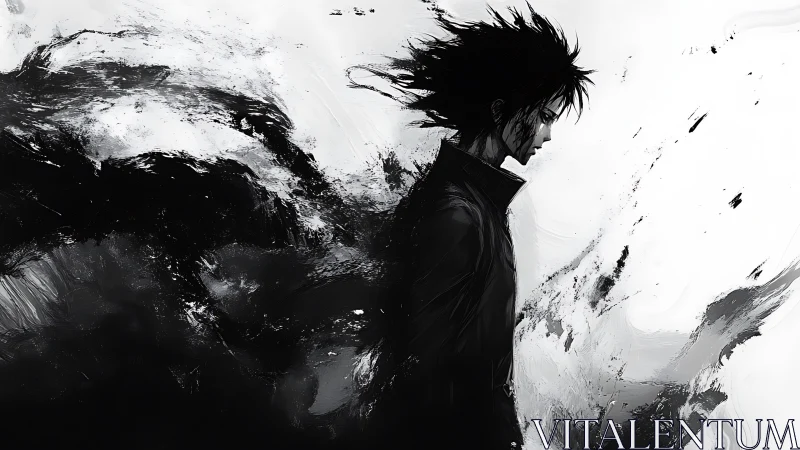 Solitary figure in monochrome ink-like abstract flow.