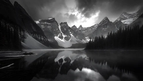 Storm-lit alpine lake with jagged snowy mountain reflections.
