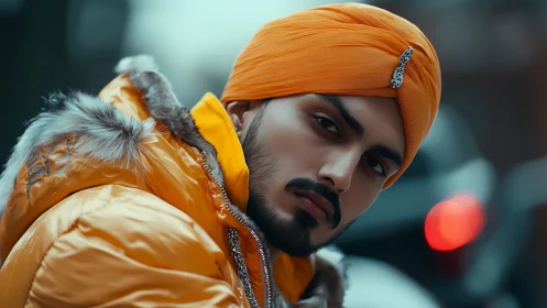 Winter streets glow with a bold orange turban and gaze.