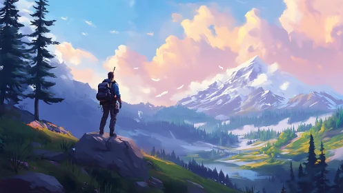 Backpacker surveys stylized alpine valley with atmospheric depth