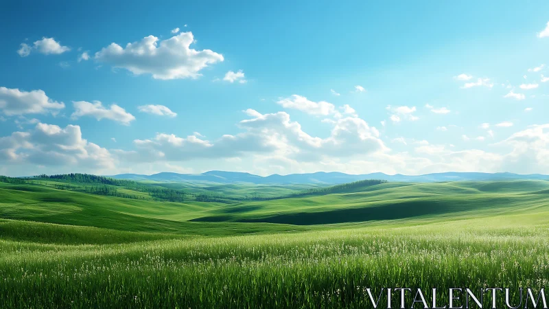 Sunlit green hills rolling softly beneath bright blue skies.