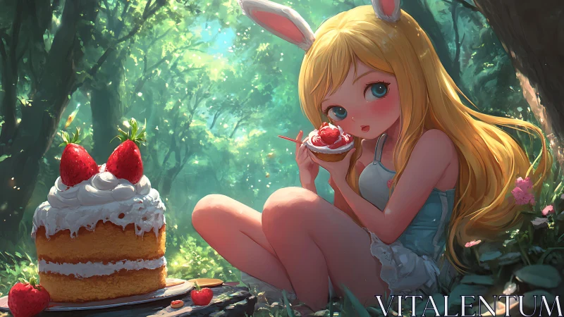Forest picnic girl savors strawberry cake in soft sunlight
