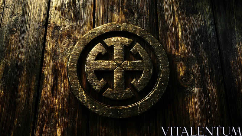 Weathered wooden door with glowing golden emblem.