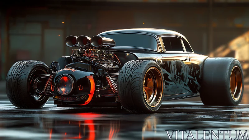 Custom black hot rod coupe with exposed engine at dusk.
