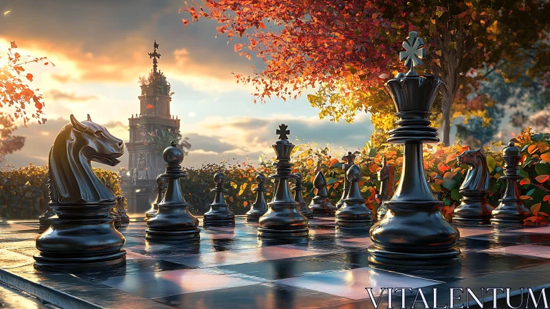 Outdoor chessboard with black pieces in autumn garden.