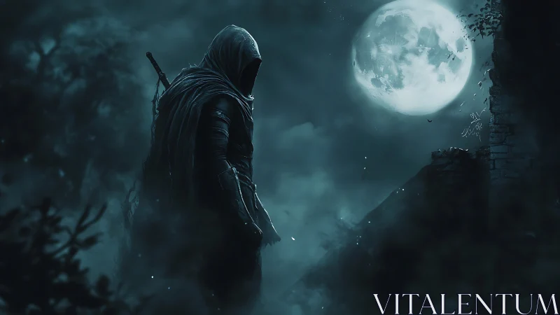 Hooded figure with sword under full moon in misty ruins.