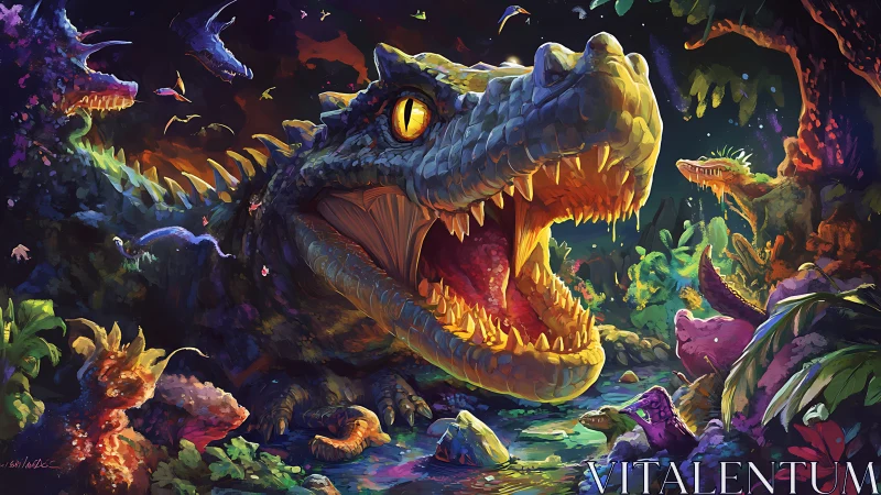 Crocodilian predator dominates dense, luminous jungle scene