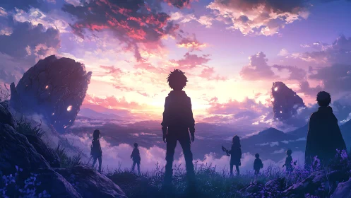 Silhouetted figures observe distant floating rock formations