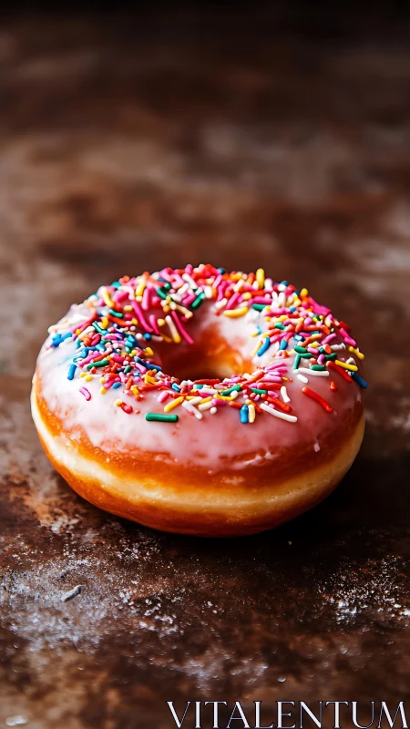 Pink glazed donut with sprinkles rests on rustic surface.