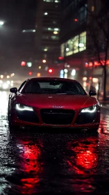 Midnight red sports car gliding through rainy city streets.
