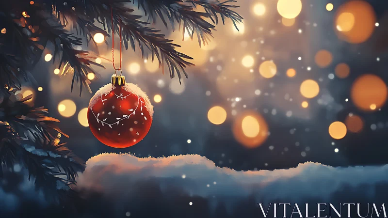 Red ornament glows softly amid snowy pine and golden lights.