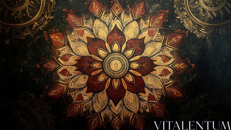 Intricate mandala flower with layered gold and red petals.